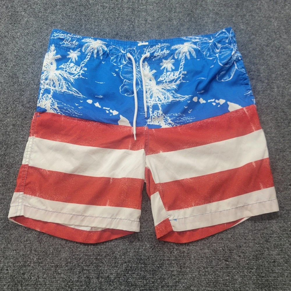 Arizona Jean Co Mens Medium Swim Trunks American Flag Honolulu Aloha Blue Red